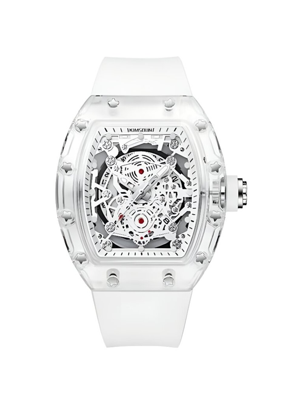 Hollowed Men Watches Tonneau Transparent Analog Display Silicone Strap